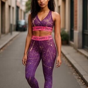 Zumba Womens Activewear Hyper Melt Metallic Sports Bra &  Pants Set XS S Purple